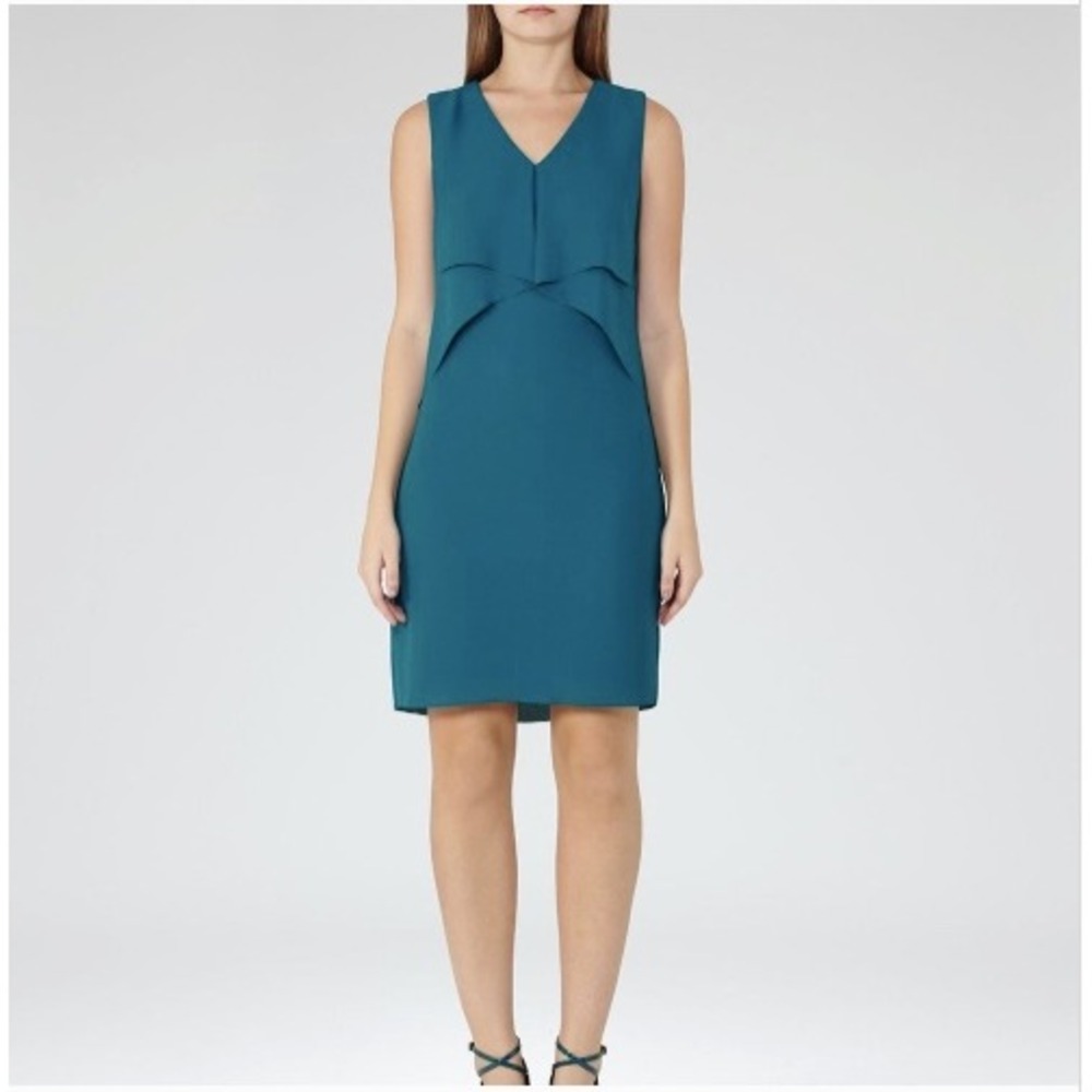 REISS Layered Shift Dress Teal Blue Elly Waterfall V-Neck Sleeveless Size 6